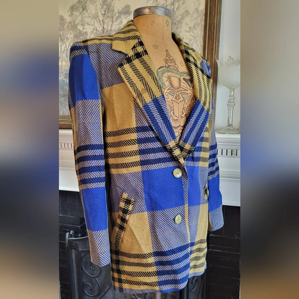 Vintage Diane Von Furstenberg Women's Funky Mod Plaid Wool Blazer Size 6 - Picture 4 of 16